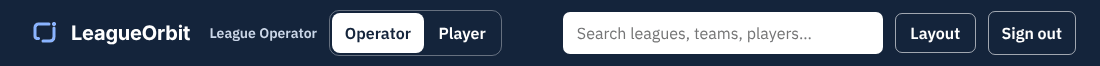 The top bar on a League Operator page: the LeagueOrbit name, "League Operator", and the Search, Menu and Account buttons