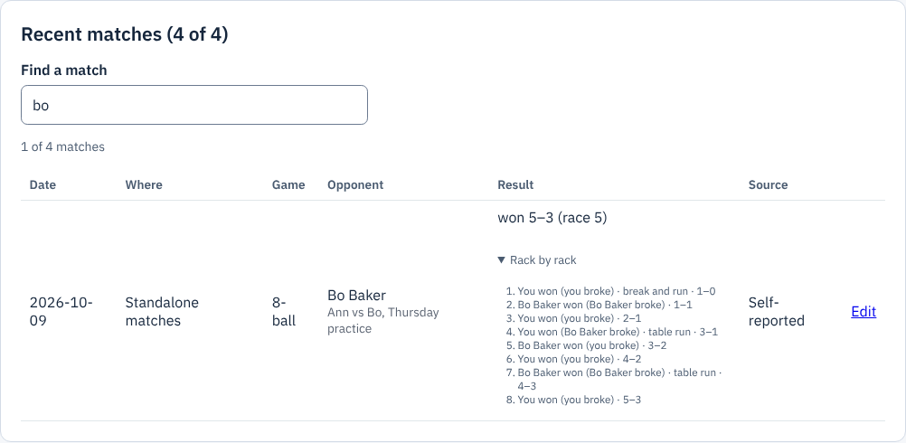 My stats: Find a match with "bo" typed shows 1 of 4 matches, the match against Bo Baker named Ann vs Bo, Thursday practice, won 5–3, with Rack by rack open listing all 8 racks with who broke, who won and the running score