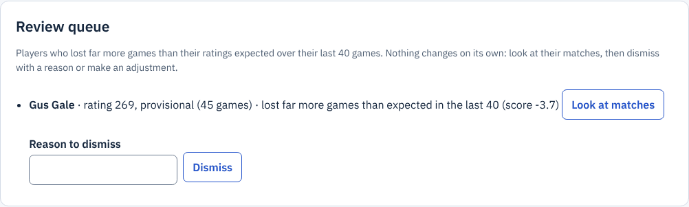 The review queue: Gus Gale, rating 269, provisional, lost far more games than expected in the last 40, with Look at matches and a reason box to dismiss