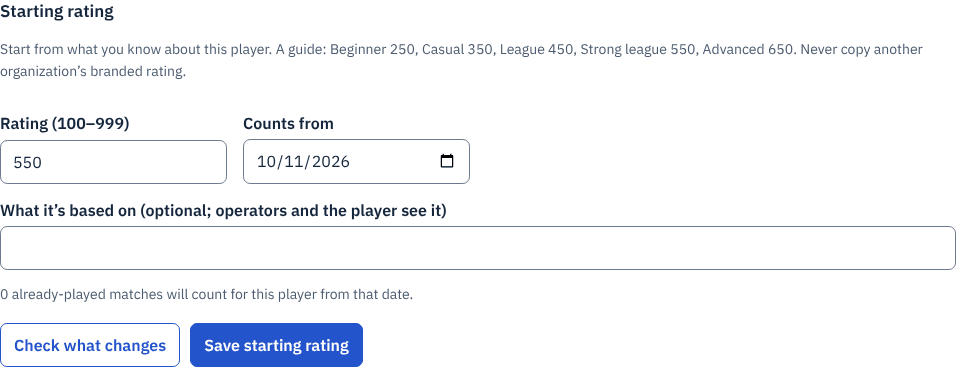 The starting rating form for Hal Hart: rating 550, counts from today, an optional note, the result of "Check what changes", and Save