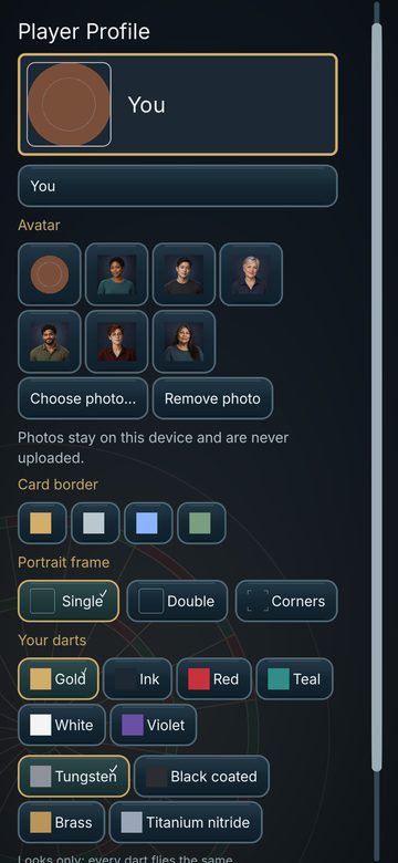 The player profile with avatar choices, card border, portrait frame and dart colours and finishes