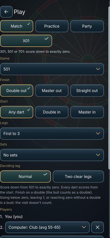 Match setup: X01 with 501, double out, any dart start, first to 3 legs, against a Club-level computer