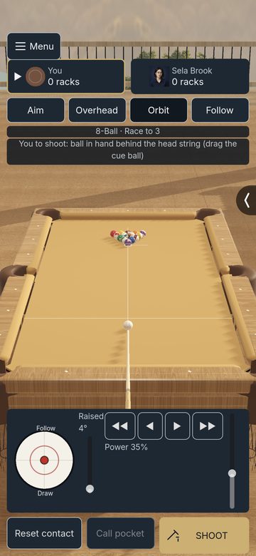 A rack on a sand-coloured table in the Blue Ridge Pavilion, seen from behind the cue ball