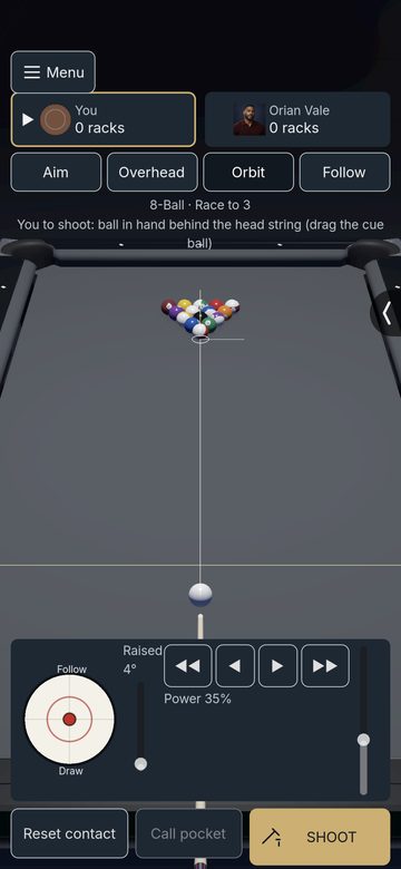 A grey table on the rooftop venue, behind the cue ball, with the computer opponent's portrait at the top