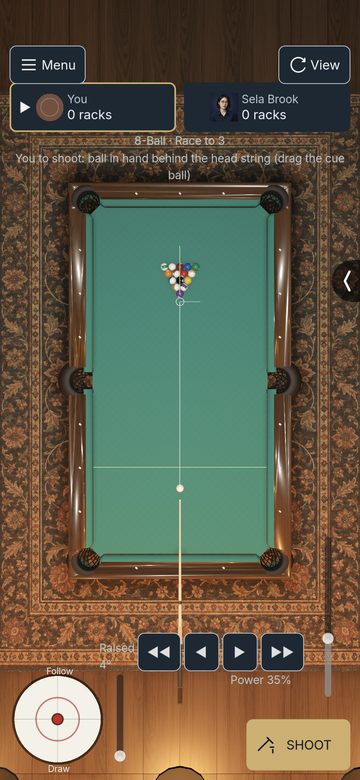 Overhead view of a 9-ball rack on a green table in the Local Tavern, with aim, spin and power controls